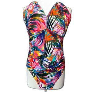 Lauren Ralph Lauren One Piece Swim Suit Tropical Ruched Stomach Size 16W